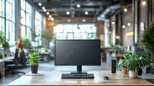 Wallpaper Mural Modern Workspace: Desk Setup with Plants & PC Torontodigital.ca