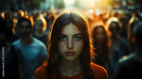 Woman Stands Out in a Crowd at Sunset, Golden Hour Portrait Photography