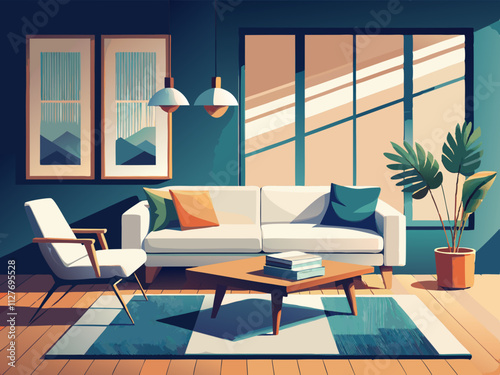 colorful illustration of a cozy living room with a minimalist wooden coffee table, white sofa, and soft textiles.