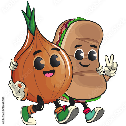 cute onion character walk with sandwich character while giving a peace and giving an ok sign, cartoon vector illustration, work of hand drawn