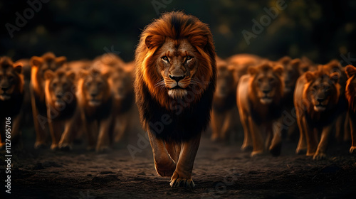 Majestic Lion Pride Walking at Sunset, Wild African Savanna