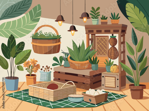 colorful illustration of a cozy nook featuring plants in wicker baskets and wooden containers.