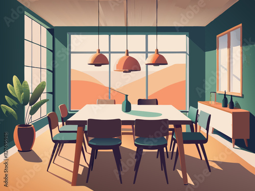 colorful illustration of a dining room with a simple oak dining table, pendant lights, and neutral-toned chairs.