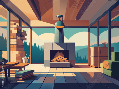 colorful illustration of a fireplace area with neatly stacked firewood and a light, airy feel.