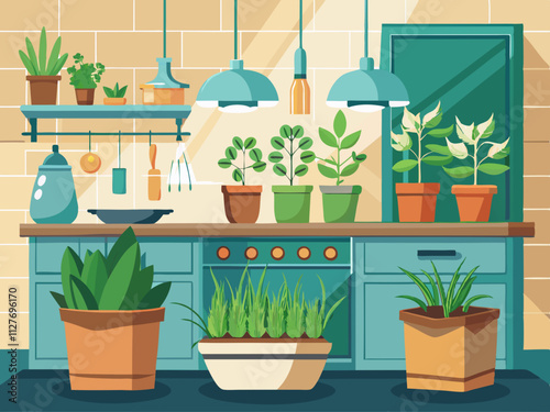 colorful illustration of a kitchen with fresh herbs growing in minimalist pots.