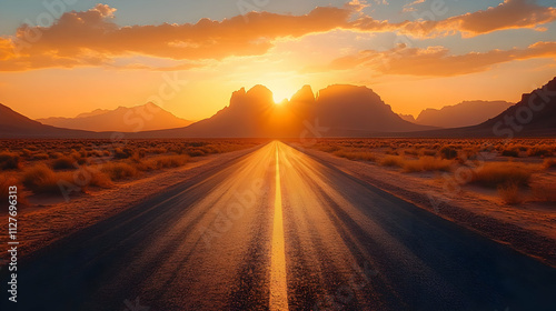 Desert Road Trip: Sunset Over Mountains, Golden Hour Journey