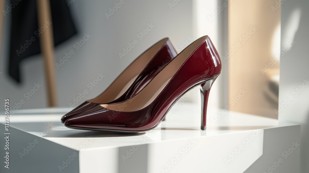 Sophisticated patent leather heels in deep maroon, placed on a white surface with modern lighting Sophisticated patent leather heels in deep maroon, placed on a white surface with modern lighting