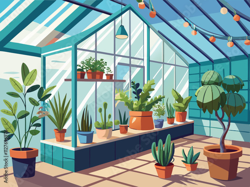 colorful illustration of a sleek indoor greenhouse with a variety of small potted plants