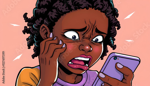 African girl cringe and looking at phone screen with disgust, reading inappropriate content isolated with white highlights, png