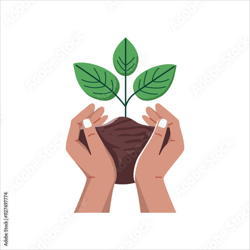 An illustration depicting two hands gently cradling a small plant growing in soil. The minimalist design shows caring hands holding dark brown earth from which emerges a young green plant with three 