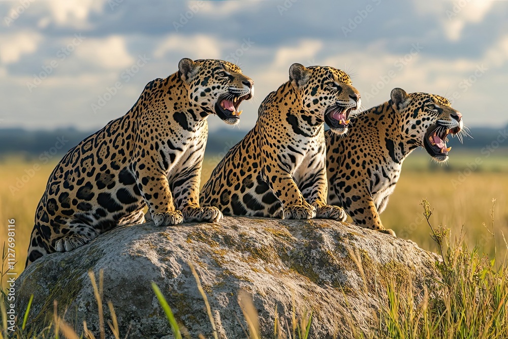 Obraz premium Three Jaguares Roaring Atop A Rock In Savanna Grassland