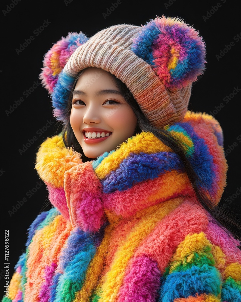 A woman wearing a beanie and a floral jacket A woman wearing a beanie and a floral jacket