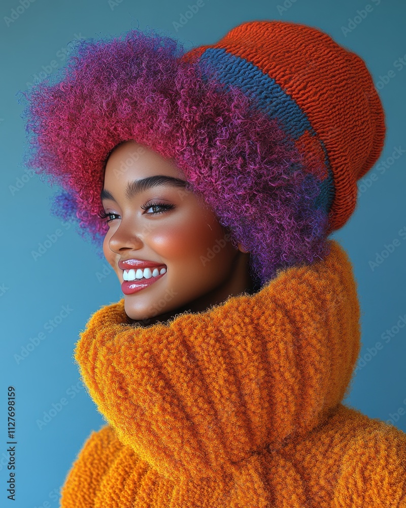 A woman wearing a beanie and a floral jacket A woman wearing a beanie and a floral jacket