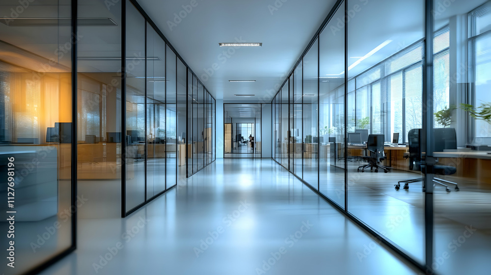 Modern Office Corridor: Glass Walls, Clean Design, Workspace Efficiency Modern Office Corridor: Glass Walls, Clean Design, Workspace Efficiency