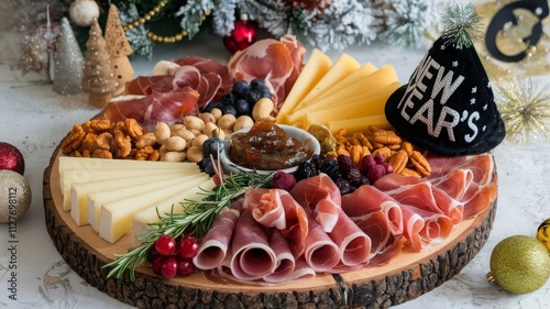Festive Charcuterie Board for New Year's Celebration. A beautifully arranged charcuterie board featuring meats, cheeses, fruits, and nuts, perfect for New Year’s festivities.