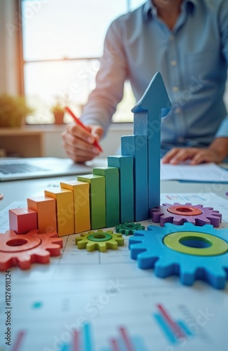 Colorful graphs, gears symbolize business growth, strategy in modern office. Person analyzes charts on desk. Colorful wooden blocks form upward trending bar graphs. Interlocking gears suggest photo