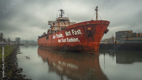 Rusty Cargo Ship Docked at a Port with the Slogan 'Fair Trade, Not Fast, Not Fast Fashion' photo