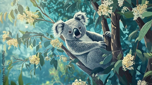 Koala Bear Resting In A Blossoming Eucalyptus Tree photo