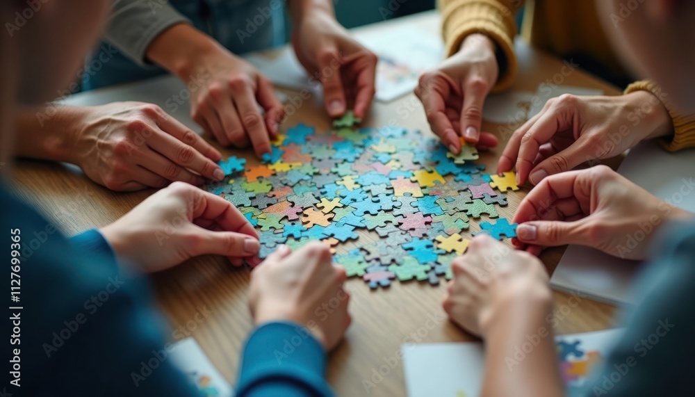 Group of people collaborate to solve a complex jigsaw puzzle. Hands focus on aligning colorful puzzle pieces. Teamwork effort, brainstorming solutions. Creative problem-solving, strategy development. Group of people collaborate to solve a complex jigsaw puzzle. Hands focus on aligning colorful puzzle pieces. Teamwork effort, brainstorming solutions. Creative problem-solving, strategy development.