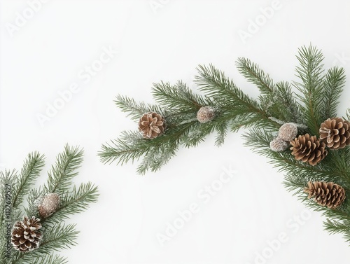 Green pine garland decorated with scattered pinecones. Arrangement neatly placed on white background. Wintery festive decor. Perfect for holiday cards, invitations, social media posts. Suitable for