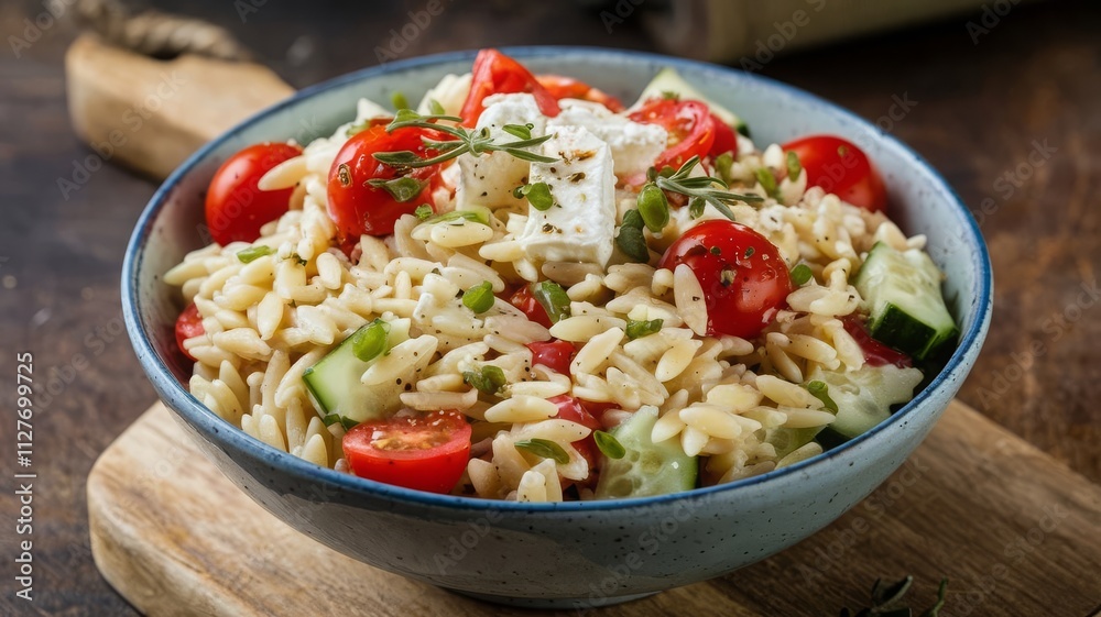 Fresh Orzo Salad with Cherry Tomatoes and Feta Cheese. Delicious orzo salad featuring cherry tomatoes, cucumber, and feta cheese garnished with fresh herbs. Perfect for summer meals! Fresh Orzo Salad with Cherry Tomatoes and Feta Cheese. Delicious orzo salad featuring cherry tomatoes, cucumber, and feta cheese garnished with fresh herbs. Perfect for summer meals!