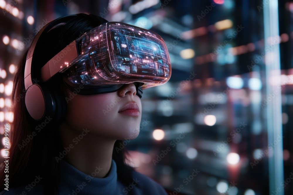A captivating image of a woman immersed in a virtual reality experience, surrounded by a futuristic cityscape, symbolizing innovation, technology, and human imagination. A captivating image of a woman immersed in a virtual reality experience, surrounded by a futuristic cityscape, symbolizing innovation, technology, and human imagination.
