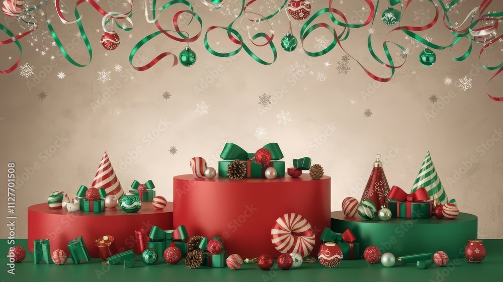 Fototapeta premium Festive Holiday Decor with Gifts, Ornaments, and Ribbons. Celebrate the holiday season with this vibrant arrangement of gifts, ornaments, and colorful ribbons. Perfect for festive designs!