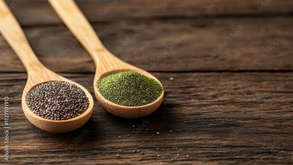 Nutrient-rich plants superfood organic. Close-up of chia seeds and spirulina on wooden spoons, highlighting natural ingredients and textures.