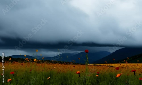 Rain Clouds over a lush Alpine Grassland dotted with wildflowers photo