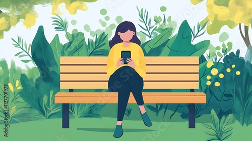 A person using a smartphone to access an online learning platform while sitting outdoors on a park bench, surrounded by greenery 