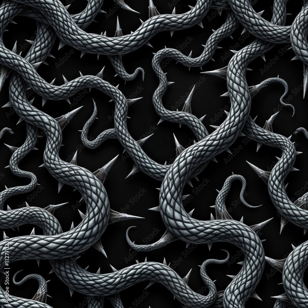 Fototapeta premium Dark pattern of twisted metal vines with sharp thorns. Intricate design suggests danger, power. Abstract plant forms create gothic style backdrop. Suitable for various decorative projects. Graphic