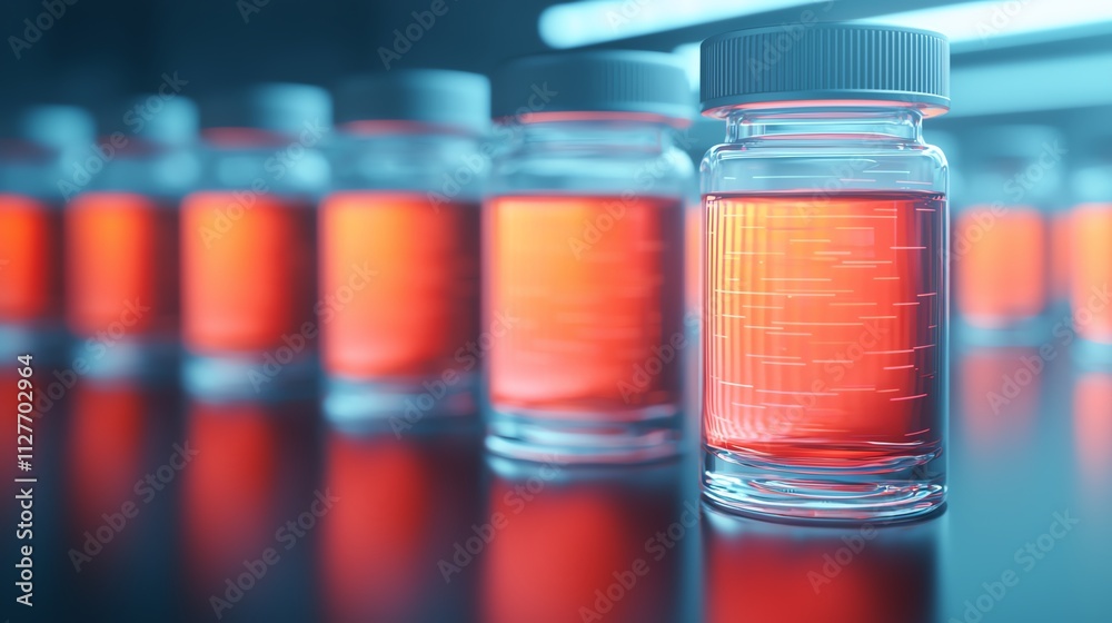 Close-up of laboratory vials with red liquid under fluorescent light. Close-up of laboratory vials with red liquid under fluorescent light.