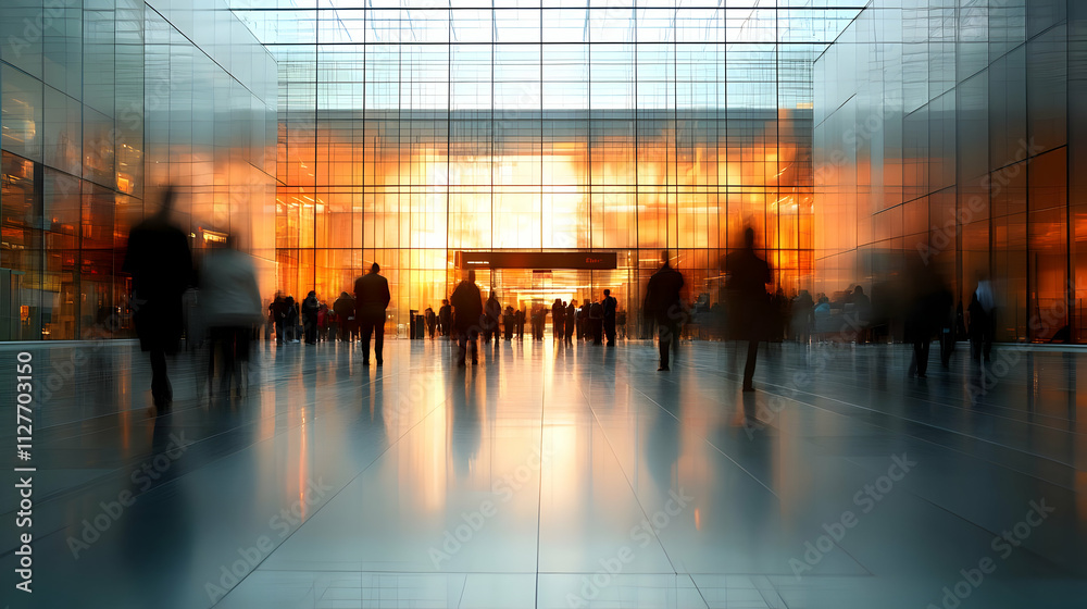 Modern Glass Building Sunset Crowd Motion Blur