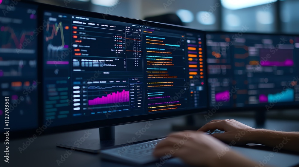A person analyzes data on multiple monitors with colorful visualizations and graphs. A person analyzes data on multiple monitors with colorful visualizations and graphs.