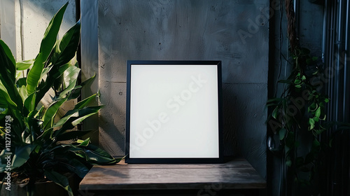 Modern minimalist interior with an empty illuminated frame surrounded by lush green plants and rustic decor