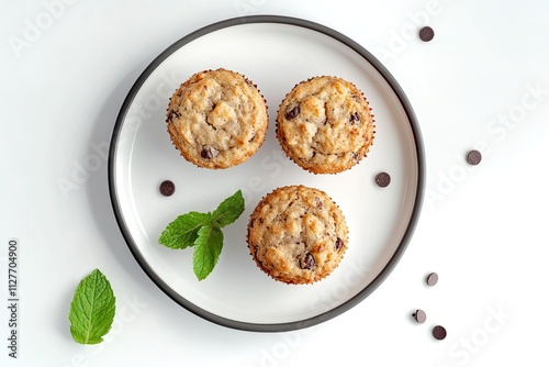banana muffins on a plate with mint and chocochips on a white background with morning shadow. Healthy homemade baking concept. Top view