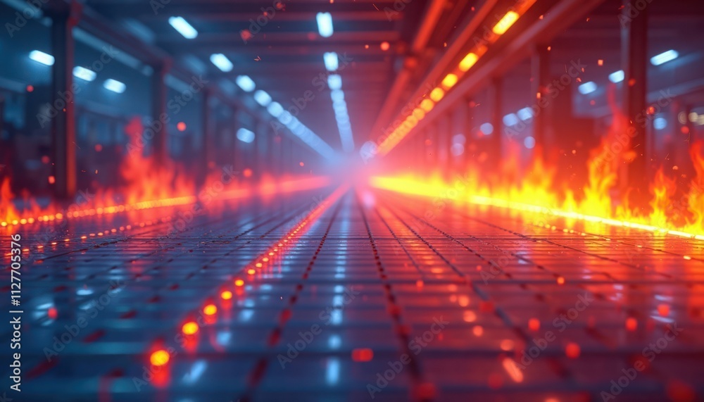 Fototapeta premium Factory floor activity heatmap. High activity zones highlighted with warm colors. Cool tones for less active areas. Industrial tech futuristic design. Burning lines represent high temperature high