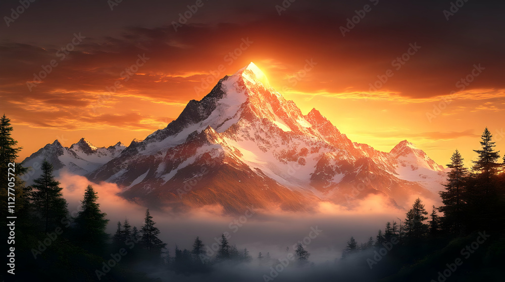 Majestic Mountain Sunset: Golden Hour Peaks & Foggy Valley Majestic Mountain Sunset: Golden Hour Peaks & Foggy Valley
