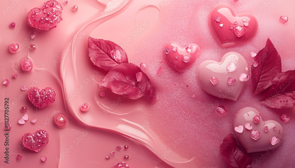 Happy Valentines Day Pink Liquid With Hearts And Leaves
Happy Valentines Day Pink Liquid With Hearts And Leaves