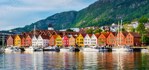 Amazing view of historical buildings in Bryggen, Hanseatic wharf in Bergen, Norway. UNESCO World Heritage Site. Beauty world.