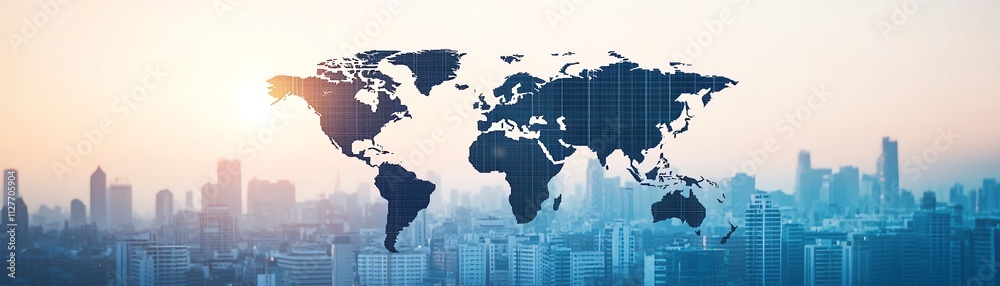 A stunning skyline with a world map overlay illustrating global connectivity. A stunning skyline with a world map overlay illustrating global connectivity.