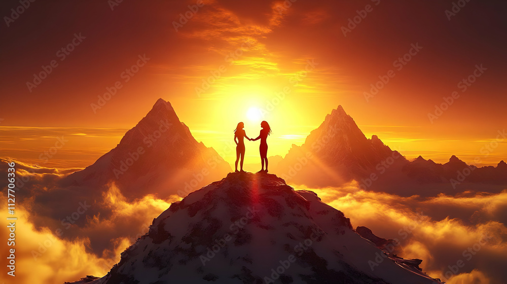 Women Reaching Summit at Sunset, Mountaintop Success Women Reaching Summit at Sunset, Mountaintop Success