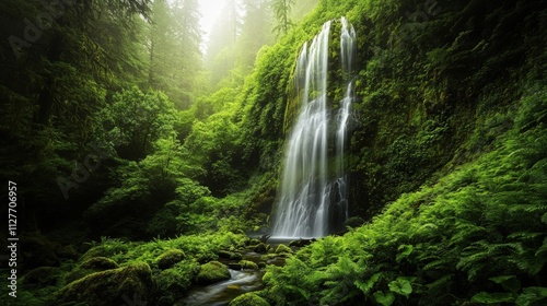 Lush green forest waterfall, mossy rocks.