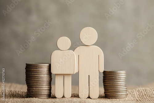 Wooden figures represent family finance with stacked coins as savings symbol. photo