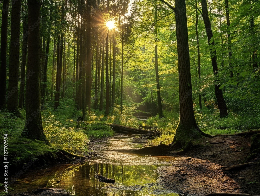 Obraz premium Sunlit forest stream, lush green canopy.