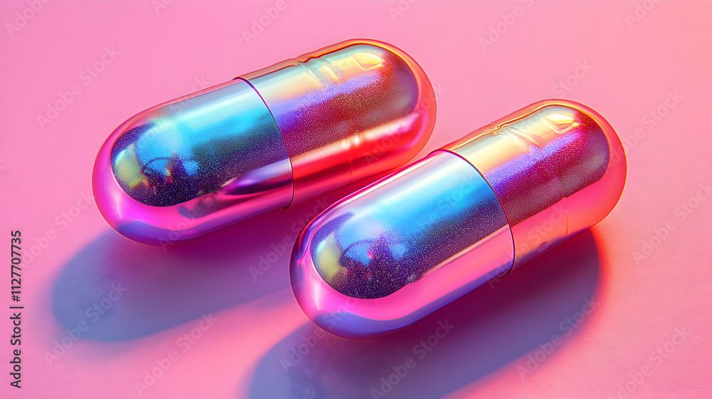 Iridescent Capsules: Shimmering, Colorful Pills on Pink Background Iridescent Capsules: Shimmering, Colorful Pills on Pink Background
