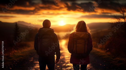 Couple Hiking at Sunset, Scenic Mountain View, Golden Hour Adventure photo