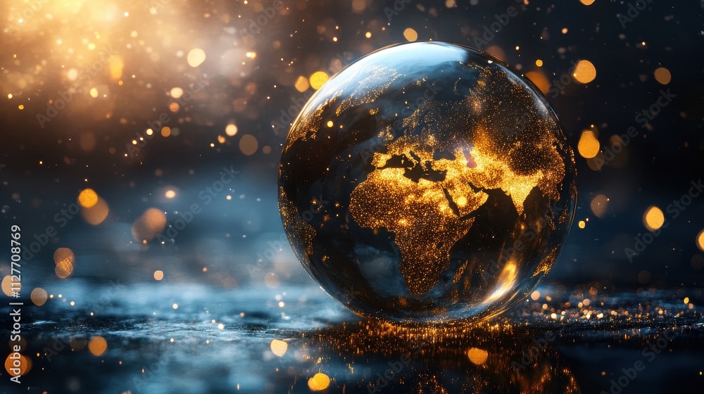 Crystal Globe Filled with Golden Sparks and Light