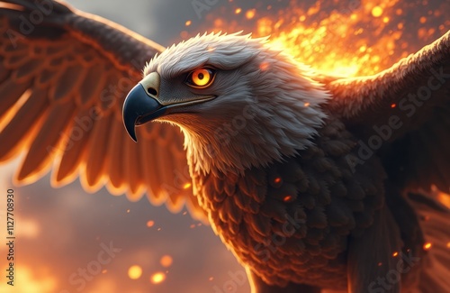 Fierce eagle soars through space ablaze with fiery aura. Majestic creature wings spread wide against fiery background. Powerful fantasy creature. No foreground elements. Vivid colours. Epic space photo