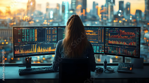 Analyst Reviews Market Data on Triple Monitors at Night photo